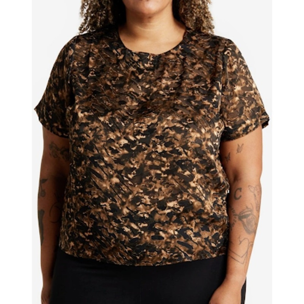 T Tahari Burnout Blouse Woman 1X Bronze New Short Sleeve Abstract Devore Top